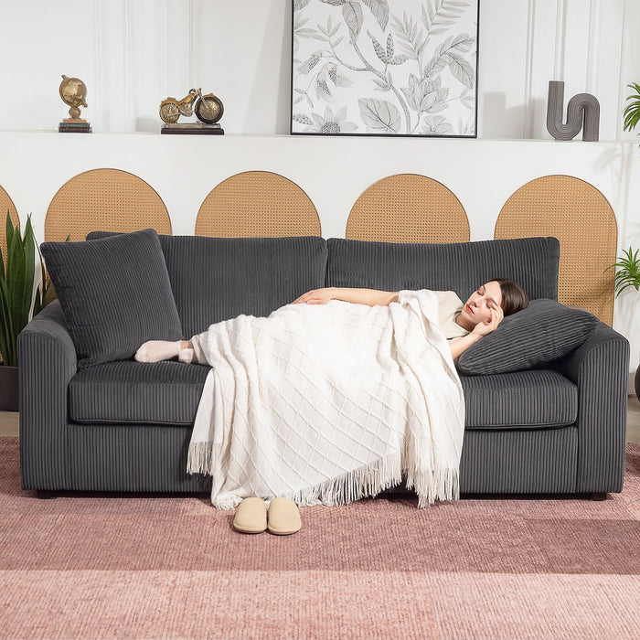 HOMCOM Modern 3 Seater Sofa with Spring Cushion, 212 cm Fabric Jumbo Cord Sofa Couch with 2 Scatter Cushions, Upholstered Corduroy Settee for Living Room, Bedroom, Home Office, Grey