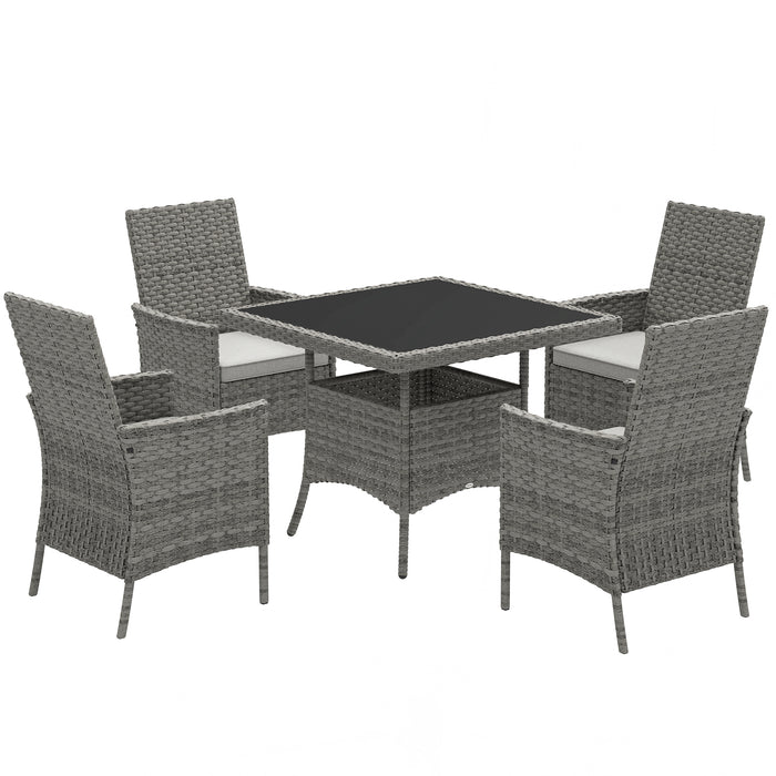 Outsunny Rattan Garden Furniture Set, Outdoor Dining Table and Chairs 4 Seater with Cushions, Square Tempered Glass Top, 4 Armchairs, for Balcony, Terrace, Conservatory, Grey