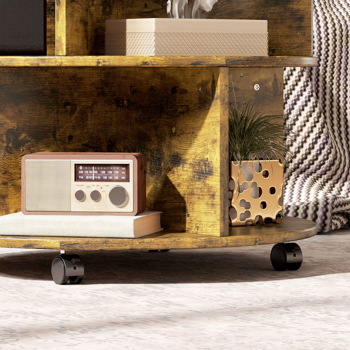 HOMCOM Round Coffee Table with Wheels, 3-Tier Rolling Side Table for Living Room with Divided Shelves, Rustic Brown | Aosom UK