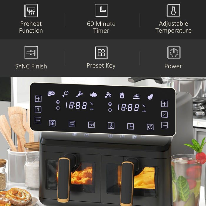 8L Dual Basket Air Fryer - Family-Size Double Oven with Digital Display & 8 Presets - Healthy Oil-Free Cooking with Visual Window & Built-In Timer