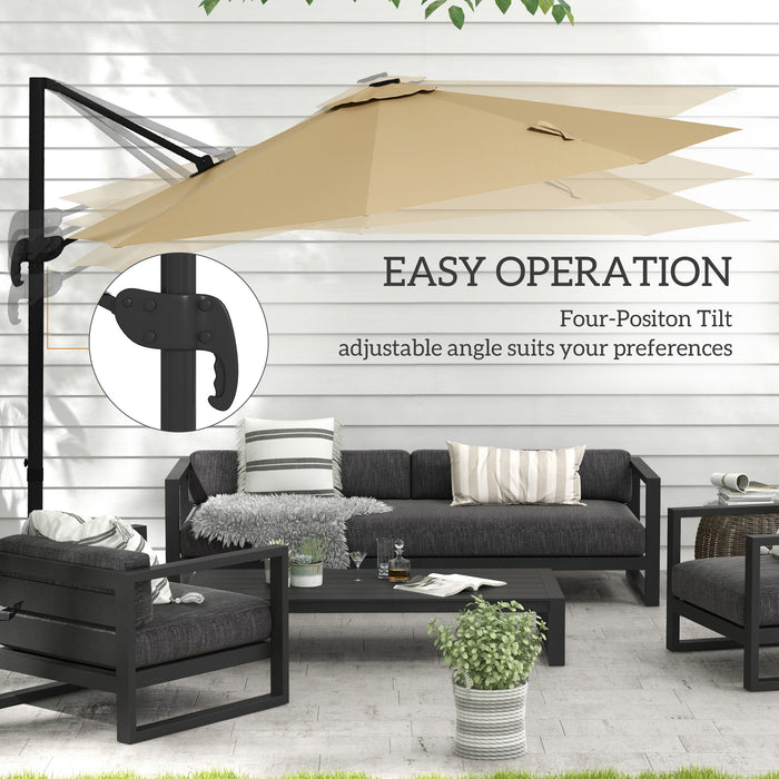 Adjustable 3m Cantilever Parasol with Base - Solar-Powered LED Lighting, Elegant Khaki Shade - Ideal for Outdoor Relaxation and Evening Ambiance
