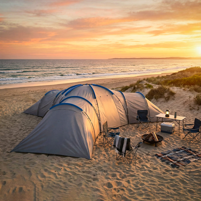 Outsunny 6-9 Man Large Tunnel Tent with 3 Bedrooms, Living Area and Porch, Light Grey