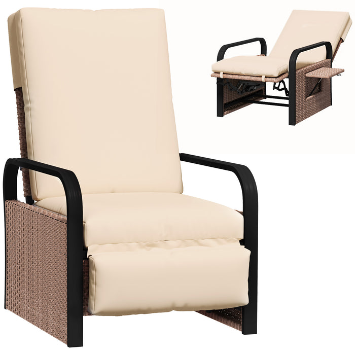 Outsunny Rattan Garden Recliner Chair, Reclining Rattan Chair with Adjustable Backrest and Footrest, Outdoor Lounge Sun Lounger with Cushion, Side Tray and Aluminium Armrests, Brown/Khaki