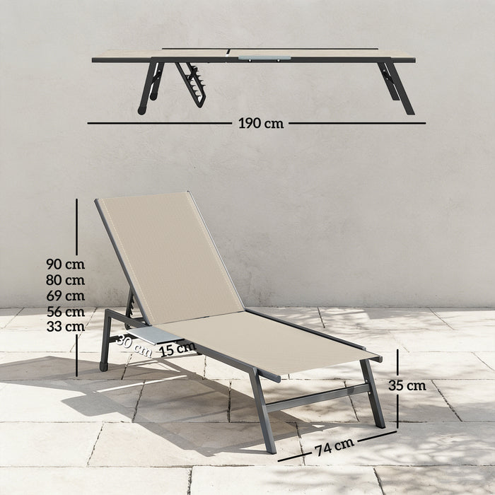Outsunny Sun Loungers Set of 2 with Side Tray Table, Garden Recliners with 5-Position Adjustable Backrest, 2 Wheels, Khaki