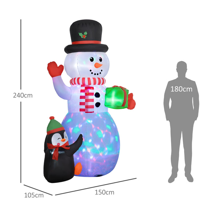 Outsunny 8FT Christmas Inflatable Snowman Holding Gift Box with Penguin, Christmas Blow Up Snowman with Rotating Colorful LED Light for Indoor, Outdoor, Party | Aosom UK