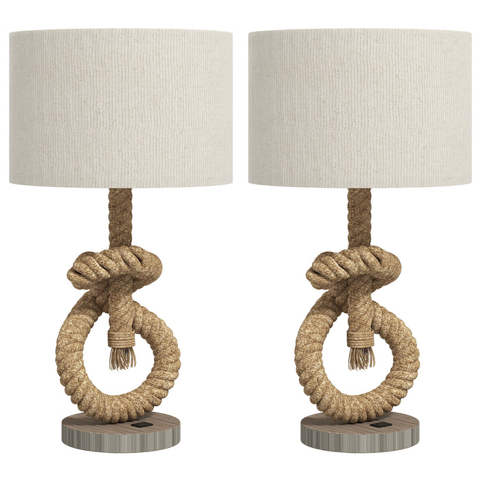 HOMCOM Nautical Table Lamps Set of 2 with USB Charging Port, Bedside Lamps for Bedroom Living Room, Warm White LED Bulb Included, with Hemp Rope, Natural