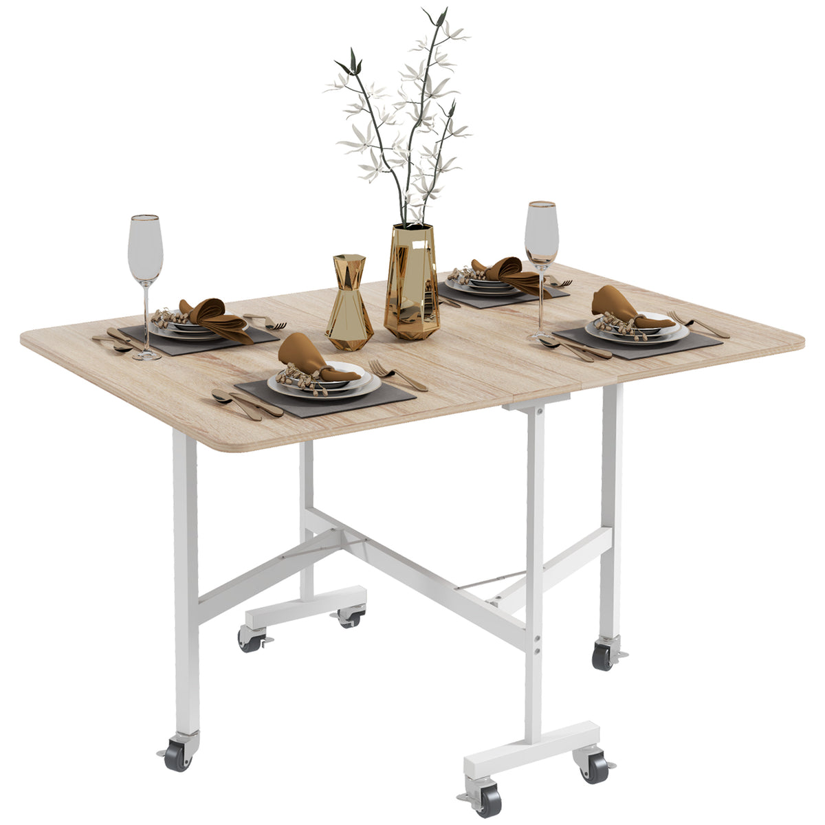 Versatile 120cm Drop-Leaf Rolling Table - Natural Wood Dining Solution ...