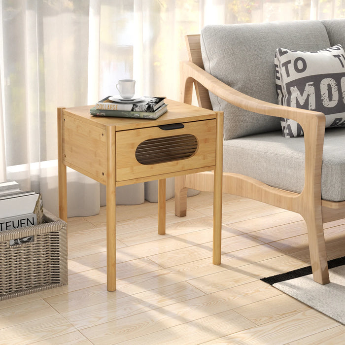Farmhouse Bedside Table Nightstand Set of 2 with Tempered Glass Decorated Drawer-