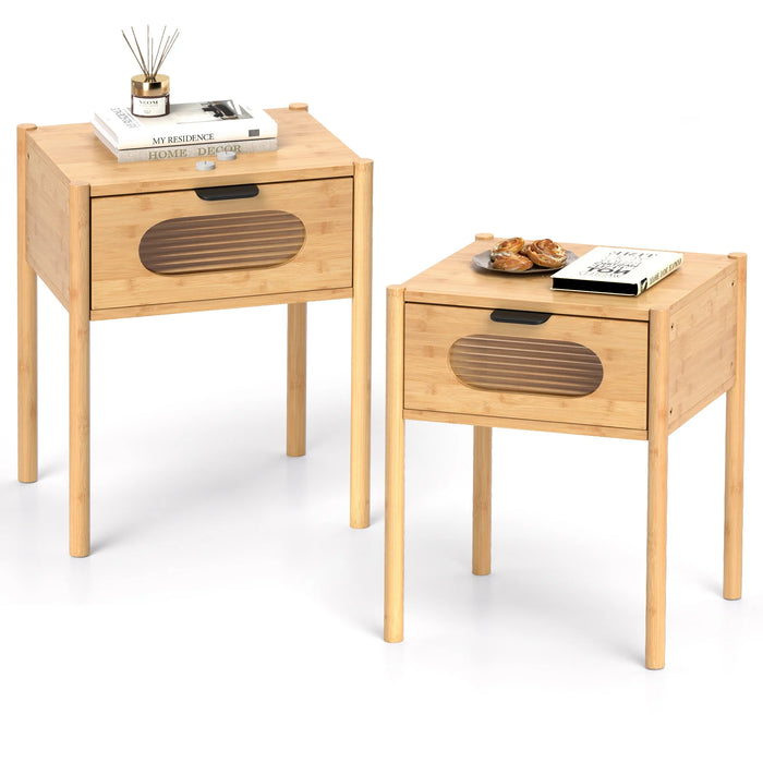 Farmhouse Bedside Table Nightstand Set of 2 with Tempered Glass Decorated Drawer-