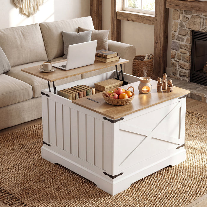 Farmhouse Lift Top Coffee Table 80CM Square Center Table with Hidden Storage Compartment-