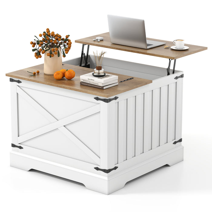 Farmhouse Lift Top Coffee Table 80CM Square Center Table with Hidden Storage Compartment-