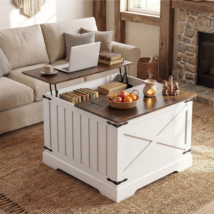 Farmhouse Lift Top Coffee Table 80CM Square Center Table with Hidden Storage Compartment-