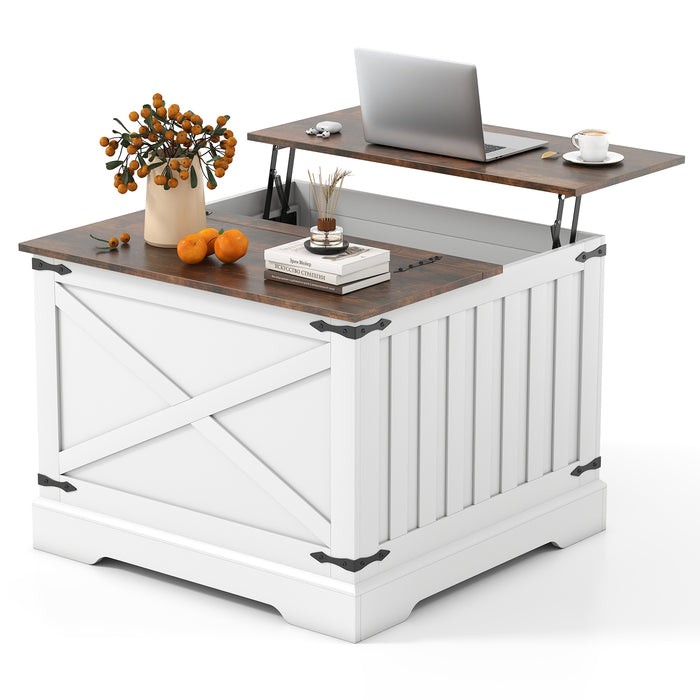 Farmhouse Lift Top Coffee Table 80CM Square Center Table with Hidden Storage Compartment-