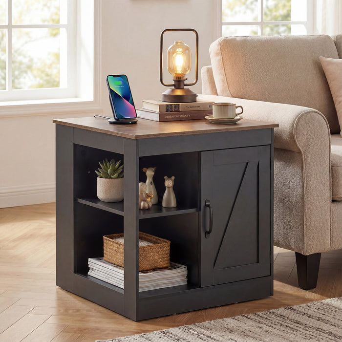 Farmhouse Nightstand Set of 2 with Charging Station Bedside Table with Adjustable Shelf-