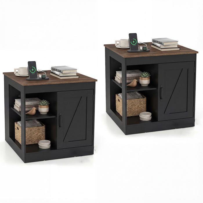 Farmhouse Nightstand Set of 2 with Charging Station Bedside Table with Adjustable Shelf-
