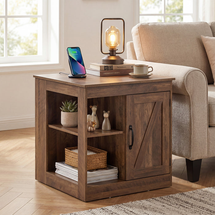 Farmhouse Nightstand Set of 2 with Charging Station Bedside Table with Adjustable Shelf-