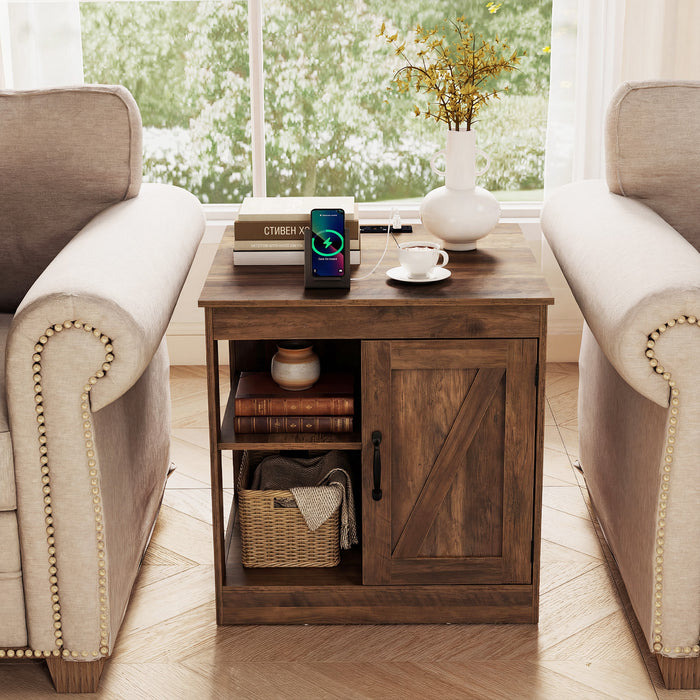 Farmhouse Nightstand Set of 2 with Charging Station Bedside Table with Adjustable Shelf-