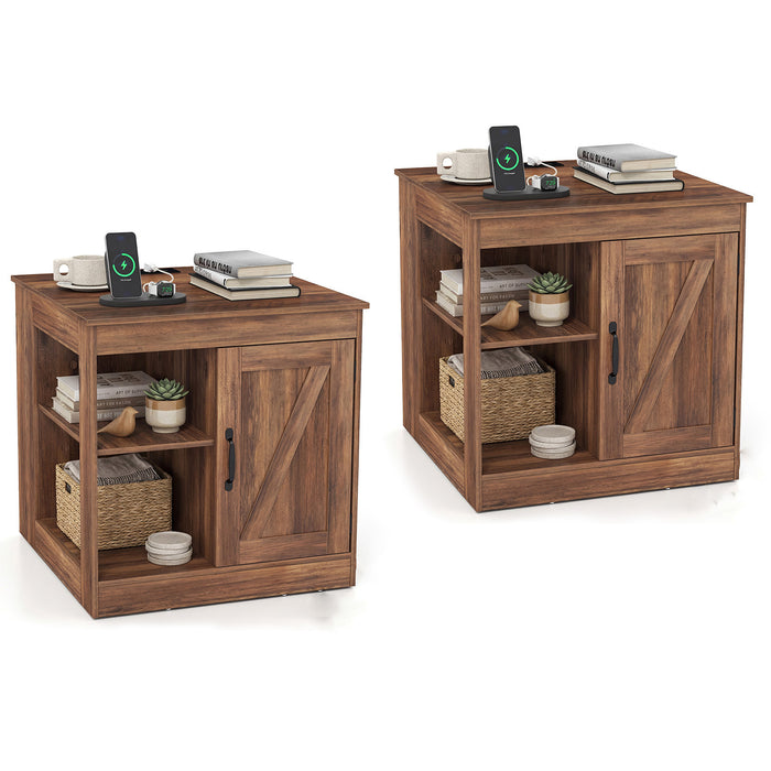 Farmhouse Nightstand Set of 2 with Charging Station Bedside Table with Adjustable Shelf-
