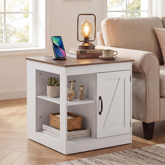 Farmhouse Nightstand Set of 2 with Charging Station Bedside Table with Adjustable Shelf-