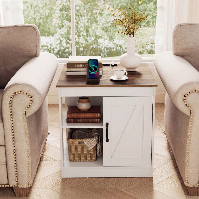 Farmhouse Nightstand Set of 2 with Charging Station Bedside Table with Adjustable Shelf-