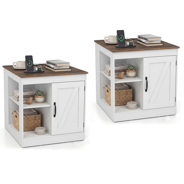 Farmhouse Nightstand Set of 2 with Charging Station Bedside Table with Adjustable Shelf-