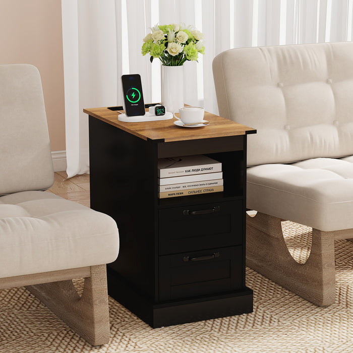 Farmhouse Nightstand with Charging Station and 2 Drawers-