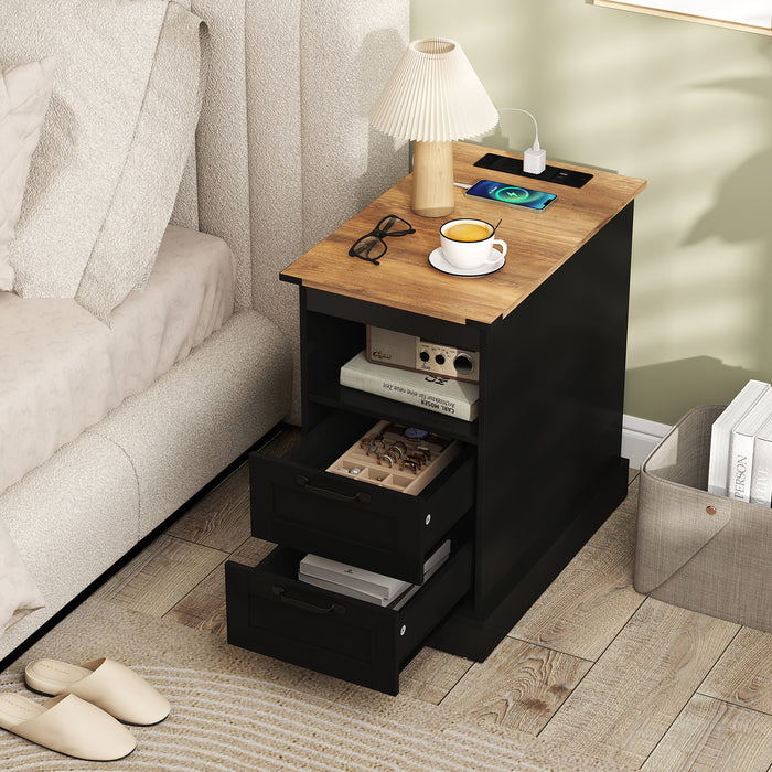 Farmhouse Nightstand with Charging Station and 2 Drawers-