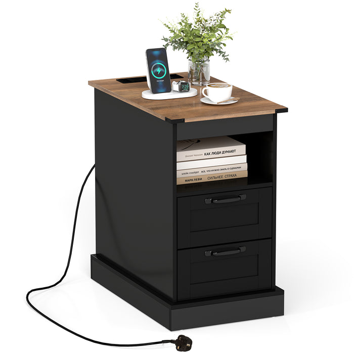Farmhouse Nightstand with Charging Station and 2 Drawers-