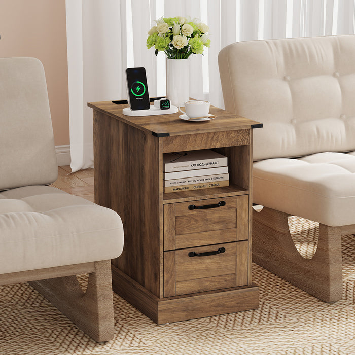 Farmhouse Nightstand with Charging Station and 2 Drawers-