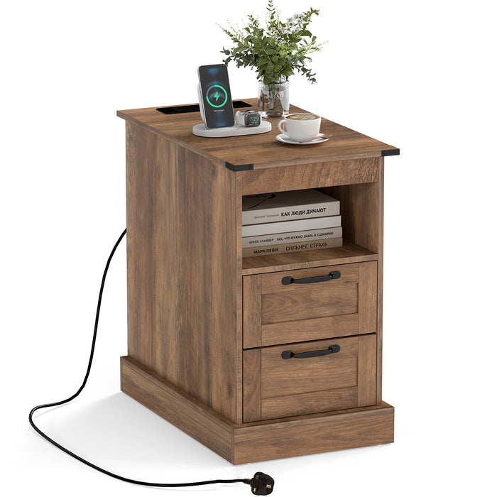 Farmhouse Nightstand with Charging Station and 2 Drawers-