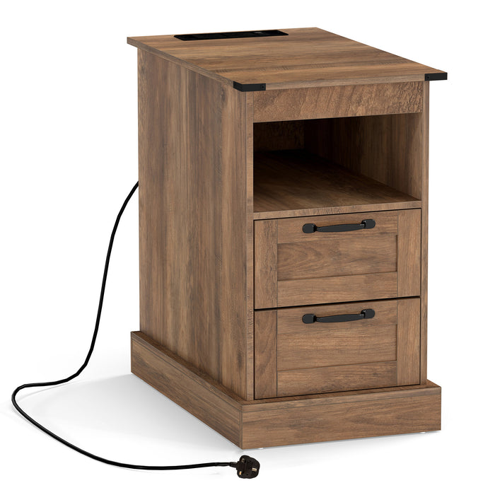 Farmhouse Nightstand with Charging Station and 2 Drawers-