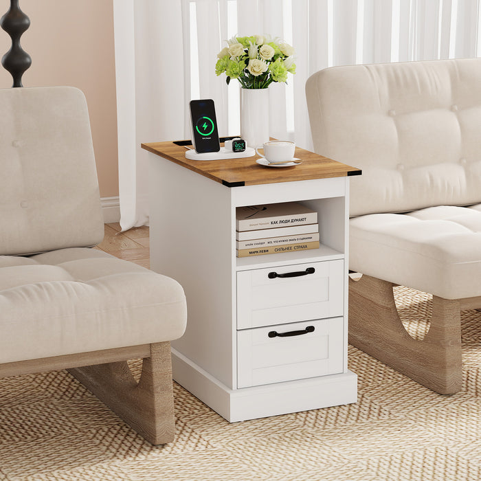 Farmhouse Nightstand with Charging Station and 2 Drawers-