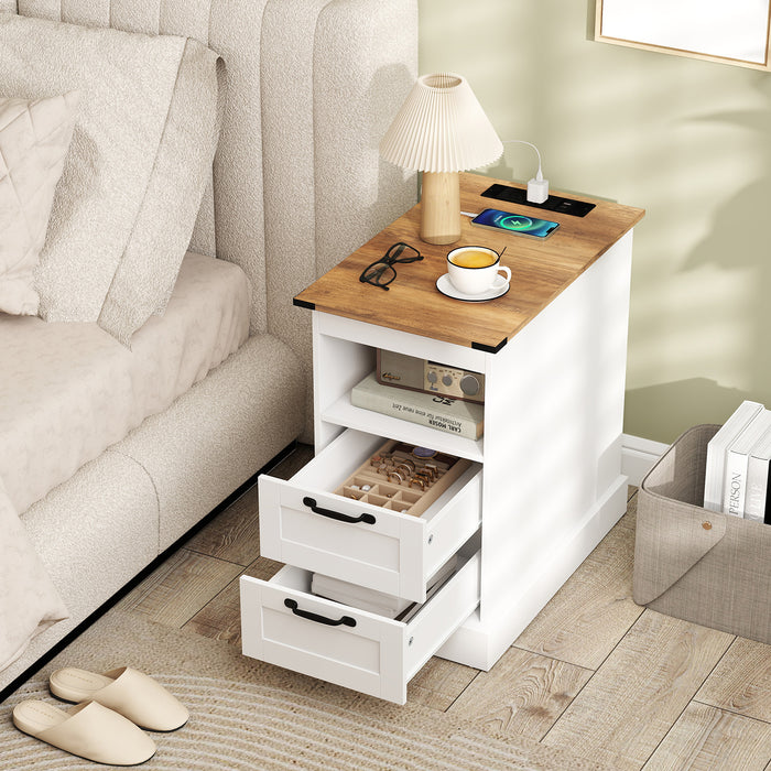 Farmhouse Nightstand with Charging Station and 2 Drawers-