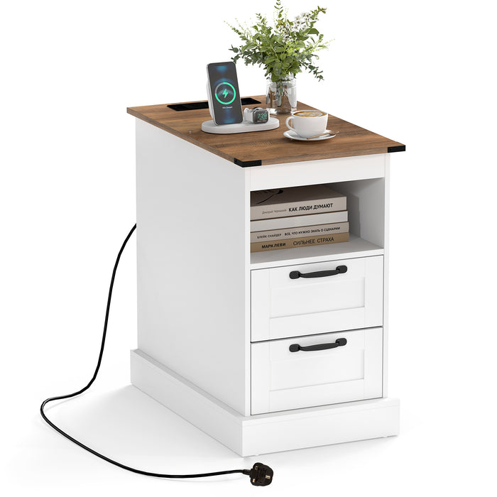 Farmhouse Nightstand with Charging Station and 2 Drawers-