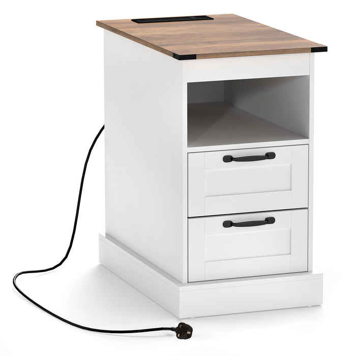 Farmhouse Nightstand with Charging Station and 2 Drawers-