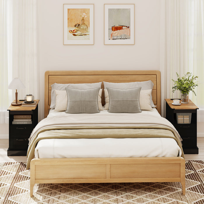 Farmhouse Nightstand with Charging Station with Open Storage Shelf and 2 Drawers for Bedroom-