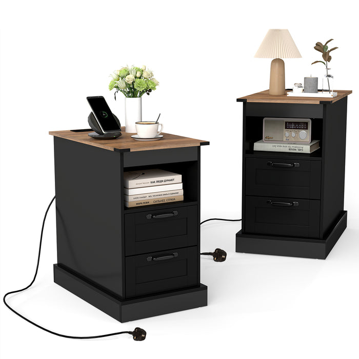 Farmhouse Nightstand with Charging Station with Open Storage Shelf and 2 Drawers for Bedroom-