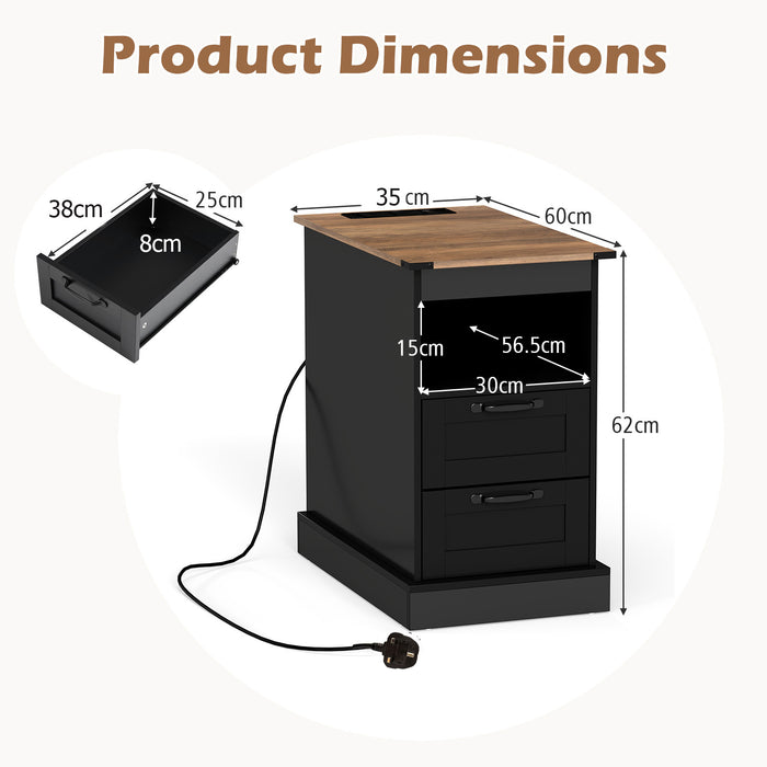 Farmhouse Nightstand with Charging Station with Open Storage Shelf and 2 Drawers for Bedroom-