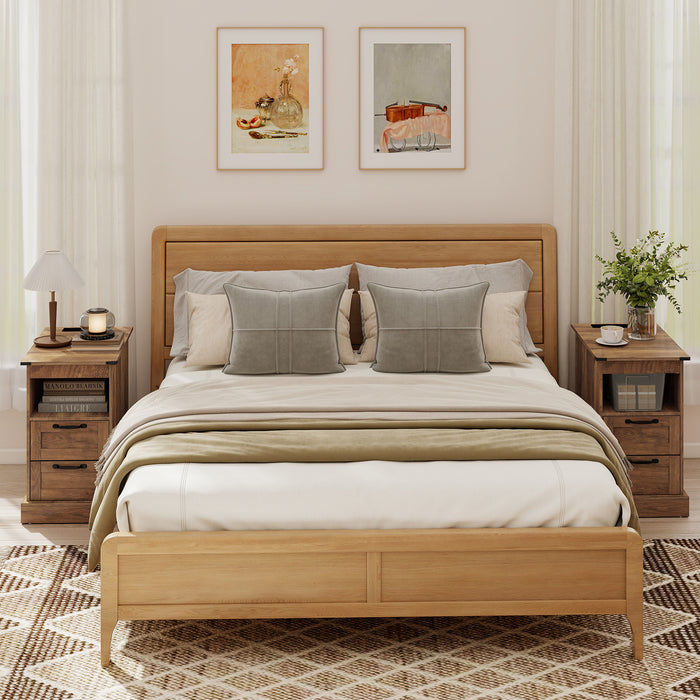 Farmhouse Nightstand with Charging Station with Open Storage Shelf and 2 Drawers for Bedroom-
