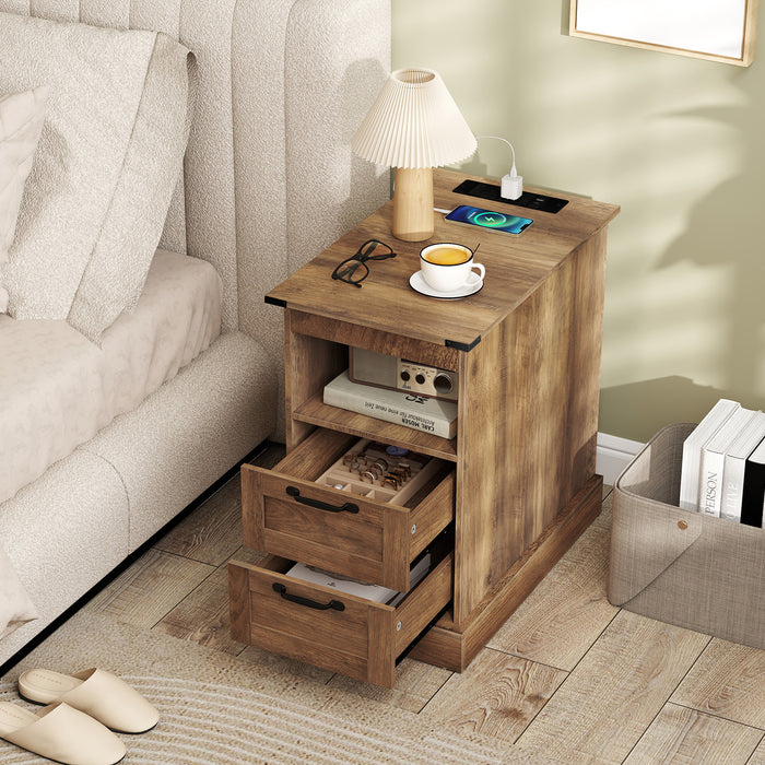 Farmhouse Nightstand with Charging Station with Open Storage Shelf and 2 Drawers for Bedroom-