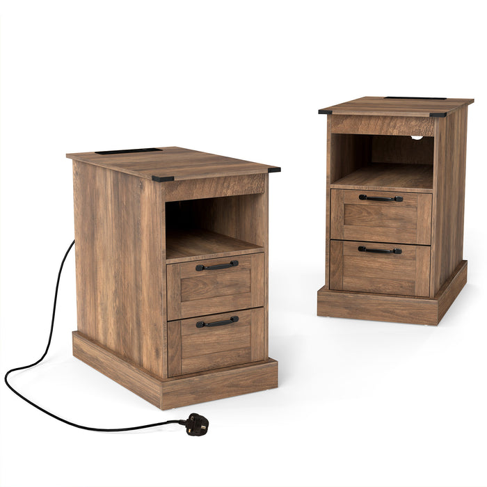 Farmhouse Nightstand with Charging Station with Open Storage Shelf and 2 Drawers for Bedroom-
