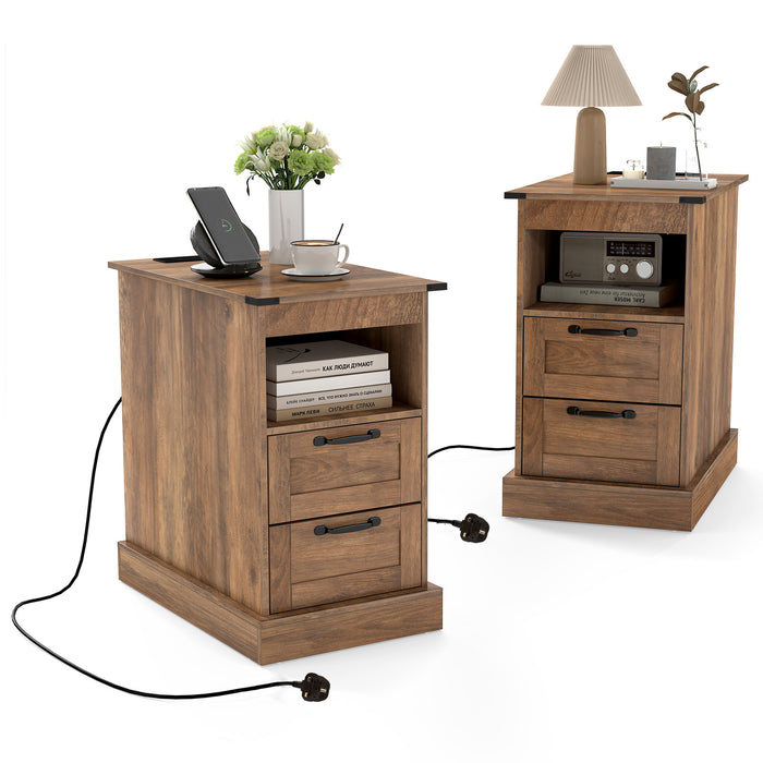 Farmhouse Nightstand with Charging Station with Open Storage Shelf and 2 Drawers for Bedroom-