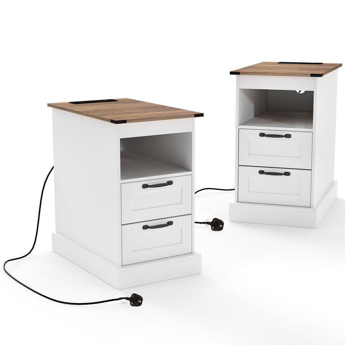 Farmhouse Nightstand with Charging Station with Open Storage Shelf and 2 Drawers for Bedroom-