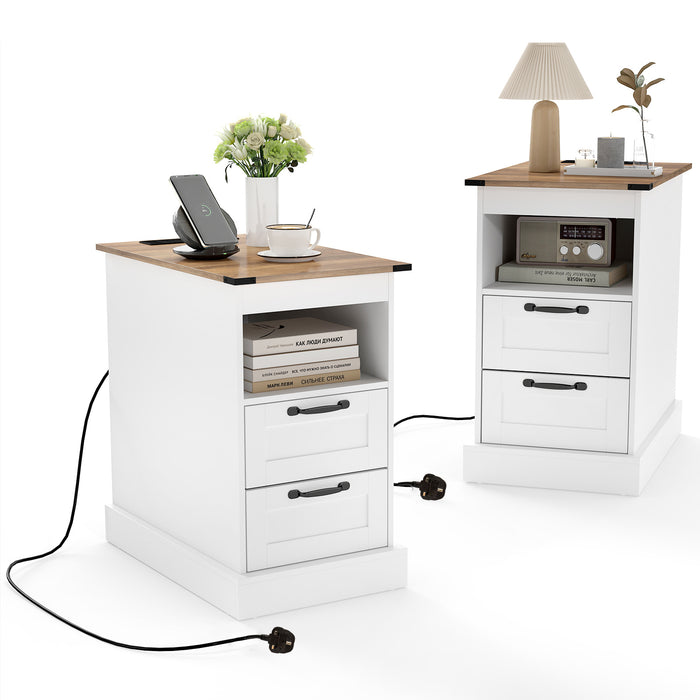 Farmhouse Nightstand with Charging Station with Open Storage Shelf and 2 Drawers for Bedroom-