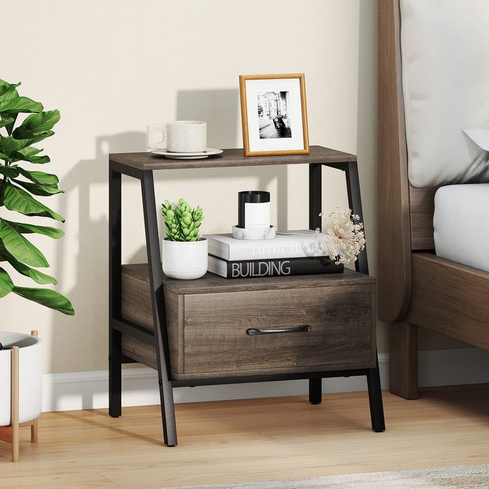 Farmhouse 3-Tier Nightstand with Drawer and Open Shelf for Living Room Bedroom-Grey