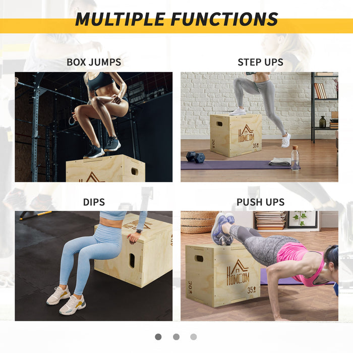 HOMCOM 3-in-1 Wooden Plyo Box, Plyometric Jump Box with Handle Openings for Home Gym, 12" x 14" x 16", Natural
