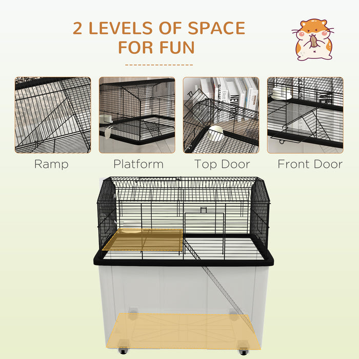 Dual-Level Small Rodent Habitat - Gerbil and Hamster Cage with Exercise Wheels, Extended Base Tray for Bedding - Includes Food Dish and Water Bottle for Pet Comfort and Hygiene