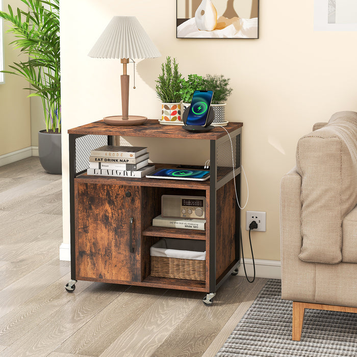 File Cabinet on Wheels with Charging Station and Cable Management Hole-