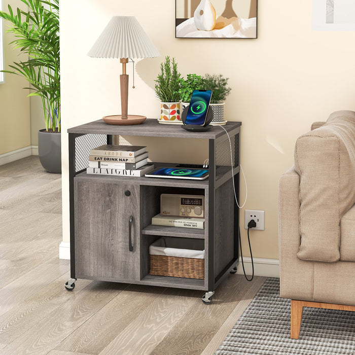 File Cabinet on Wheels with Charging Station and Cable Management Hole-