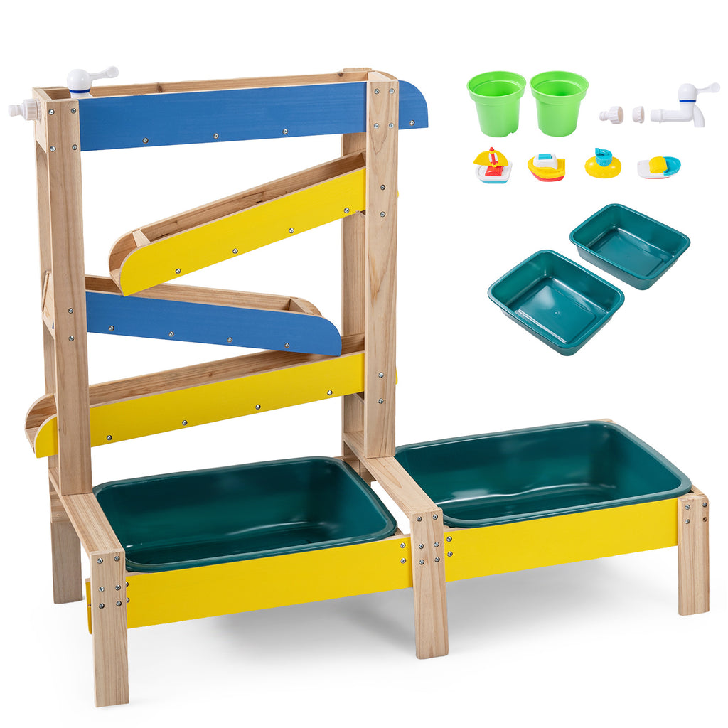 Fir Wood Montessori Sensory Play Activity Table with 2 Water Basin and Submarine Toys for Boys and Girls 3+-